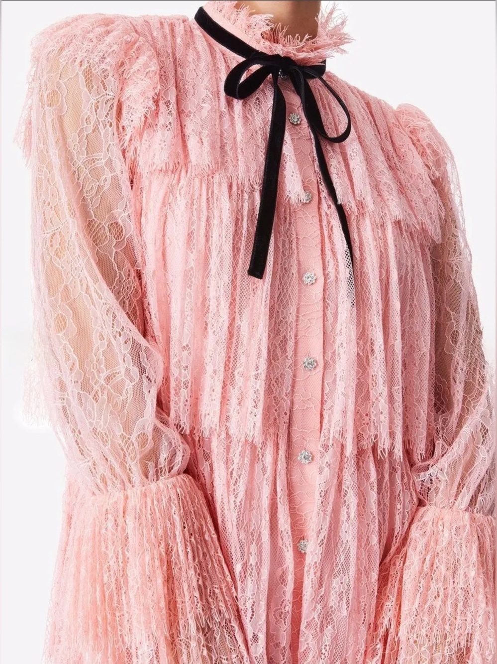 Alice + Olivia Sheer Tiered Lace Mini Dress in Blush Pink with Black Velvet Bow - Picture 4 of 13